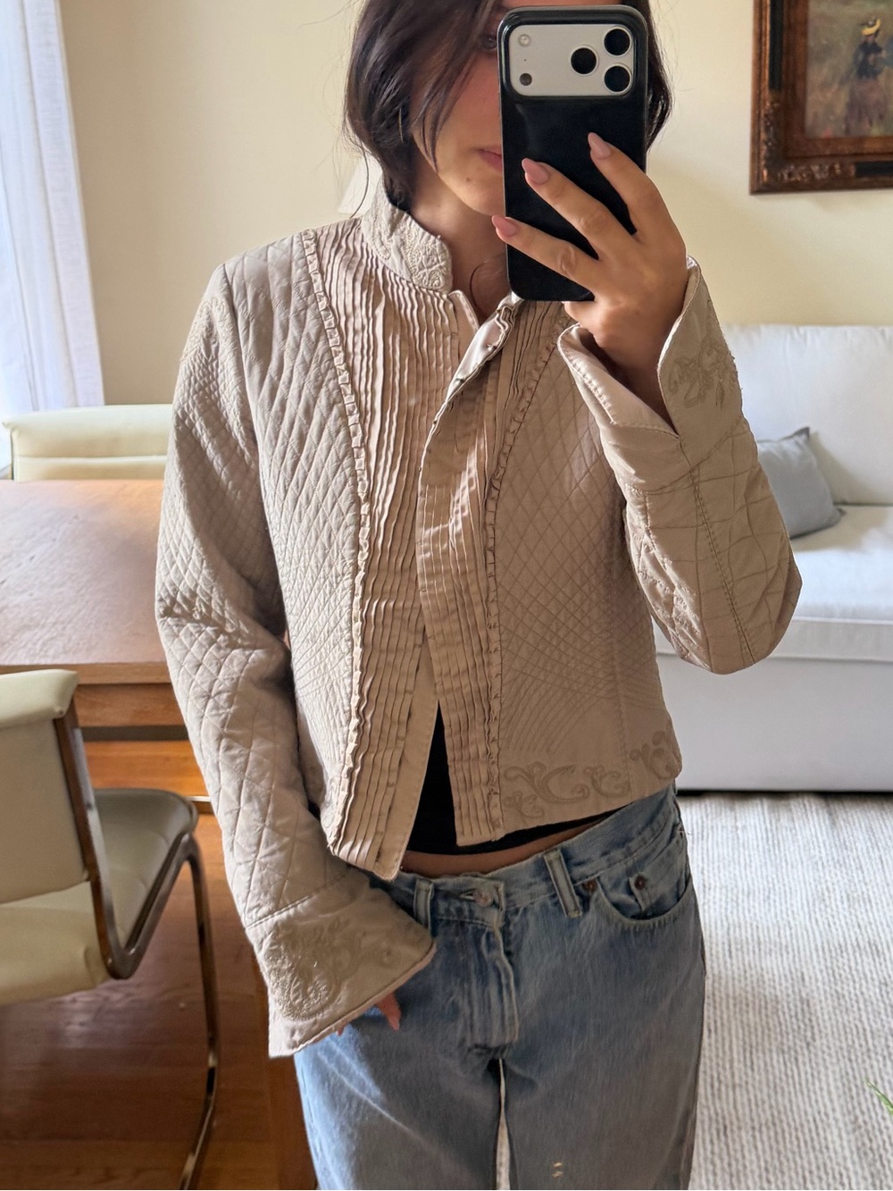 100% Silk Elie Tahari Quilted Beige Cropped Jacket